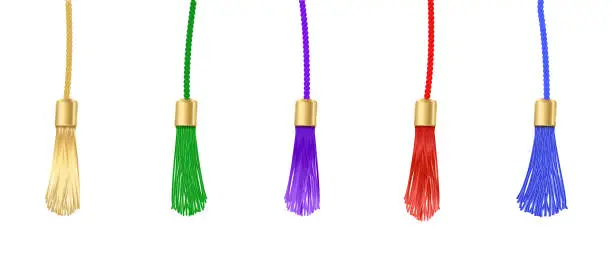 Vector illustration of Tassel. Vector fringe or handbag accessory, graduate hat isolated on white background. Multicolor 3d rope with tassel, hanging window curtain decoration element design