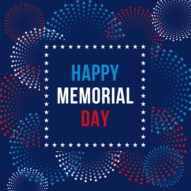 illustrazioni stock, clip art, cartoni animati e icone di tendenza di biglietto del giorno della memoria con fuochi d'artificio. - american culture us memorial day blue red