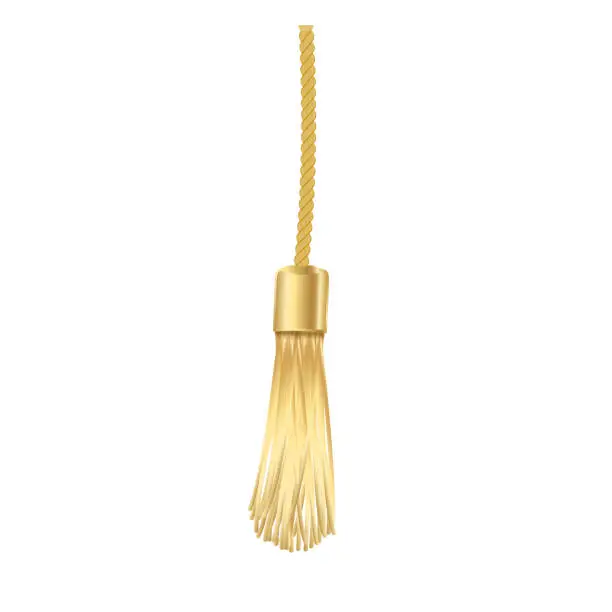 Vector illustration of Tassel. Vector fringe or handbag accessory, graduate hat isolated on white background. Multicolor 3d rope with tassel, hanging window curtain decoration element design