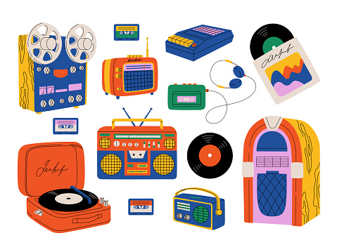 Set of retro music players, cassette recorder, headphones, boombox, vintage turntable, jukebox, vinyl record. Hand drawn vector illustration isolated on white background in modern flat cartoon style.