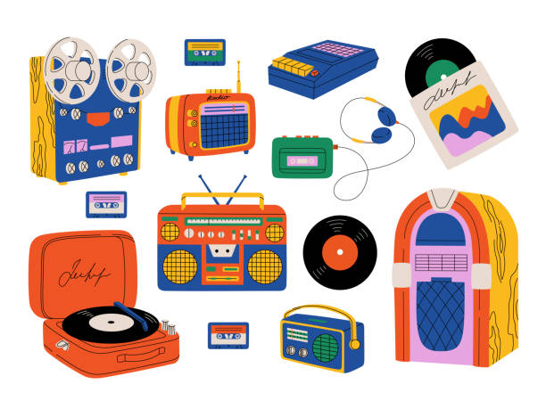 Set of retro music players, cassette recorder, headphones, boombox, vintage Set of retro music players, cassette recorder, headphones, boombox, vintage turntable, jukebox, vinyl record. Hand drawn vector illustration isolated on white background in modern flat cartoon style. analogue radio stock illustrations