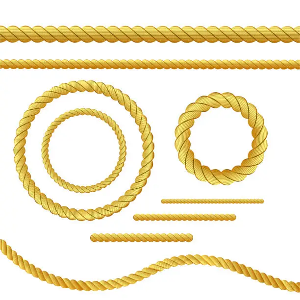 Vector illustration of Gold rope of realistic nautical twisted rope knots, loops for decoration and covering isolated on transparent background. Retro vintage art design