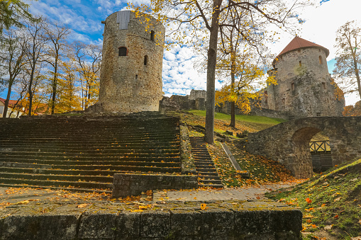 Autumn park and abandoned castle in the latvian town Cesis, which  has a history of more than 800 years and is one of the best-preserved medieval cities in the Baltics.