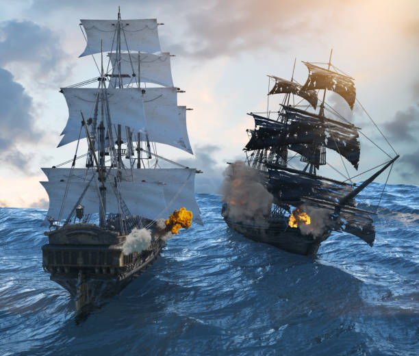 sea battle with a sailing pirate ship 3d render - sea battle imagens e fotografias de stock