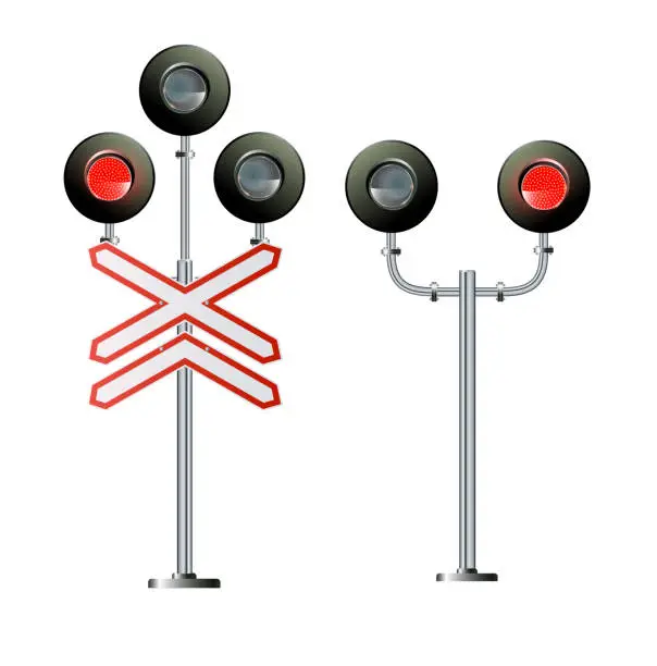 Vector illustration of Road signs and railroad crossing barriers are used in the United States.traffic light, Railway barriers close isolated on white background, design concept for start up, business solutions,