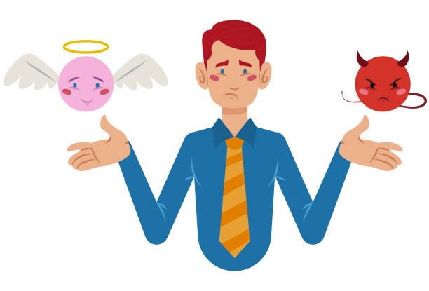 człowiek z myśleniem decyzyjnym, anioł i diabeł - expressing positivity devil angel moral dilemma stock illustrations