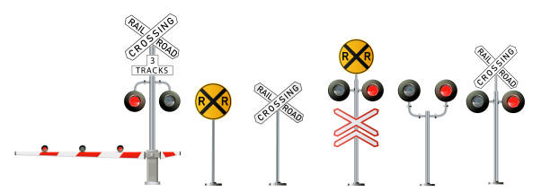 stockillustraties, clipart, cartoons en iconen met road signs and railroad crossing barriers are used in the united states.traffic light, railway barriers close isolated on white background, design concept for start up, business solutions, - voetgangersstoplicht