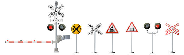 illustrations, cliparts, dessins animés et icônes de panneaux de chemin de fer isolés sur fond blanc. feu de circulation vectoriel - railroad crossing train railroad track road sign