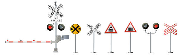 железнодорожные знаки установлены изолированно на белом фоне. векторный железнодорожный светофор - знак пути stock illustrations