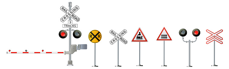 Railway signs set isolated on a white background. Vector railroad traffic light.