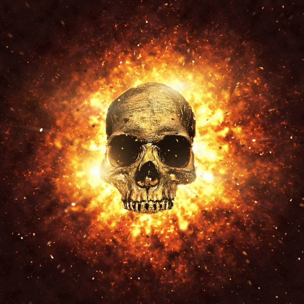 Human skull erupting from fiery explosion Skull amid a dramatic explosion, representing death or even resurrection. Good for metalheads. burned corpse stock pictures, royalty-free photos & images