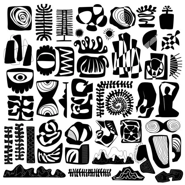 Vector illustration of collection of abstract shapes and forms figures, modern wall art design kit, isolated vector illustration graphic set