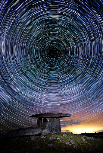 Astrophotography shot with start trails around Polaris at Poulnabrone Dolmen in country Clare.
