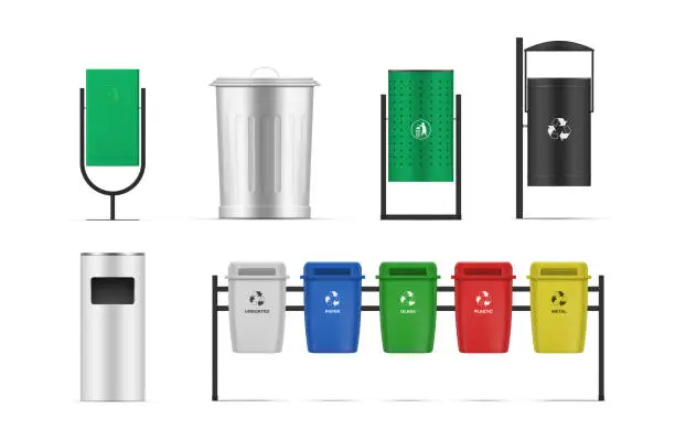 Vector illustration of Collection realistic types of street trash cans template vector illustration