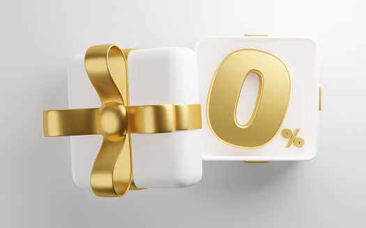 Golden zero percent or 0% in the white gift box with gold ribbon 3D render