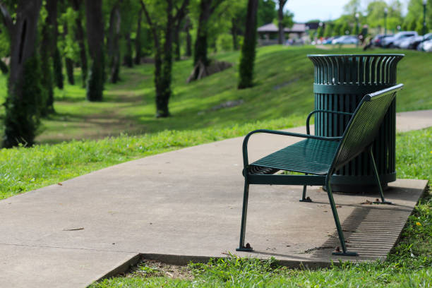 A green metal park bench in a park in the summer stock photo
