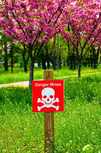 istock Danger mines sign. Red plate with white letters and skull and bones. Blurred blooming sakura trees in the background. Spring 2022 in Kyiv, Ukraine. Concept of protection city from the occupiers 1396275553