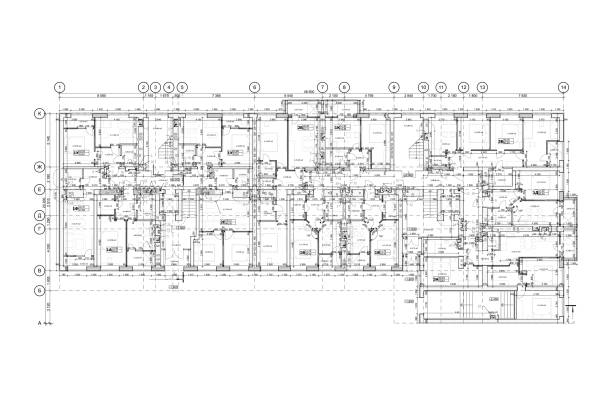 다층 건물 상세한 건축 기술 도면 - blueprint stock illustrations