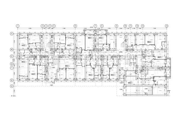 Multistory building detailed architectural technical drawing Multistory building detailed architectural technical drawing, vector blueprint floorplan layout floor plan blueprint stock illustrations