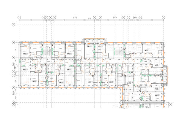 Multistory building detailed architectural technical drawing Multistory building detailed architectural technical drawing, vector blueprint floorplan layout floor plan stock illustrations