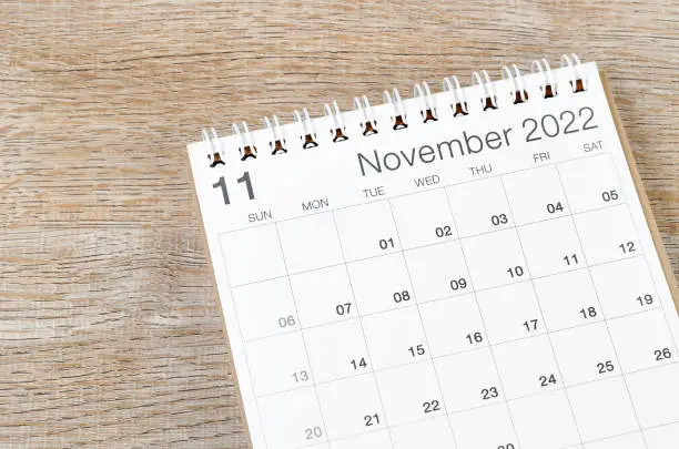 The November 2022 desk calendar on wooden background.