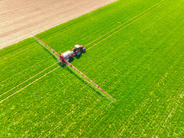 istock Tractor with an agriculutural crops sprayer from above 1396280847
