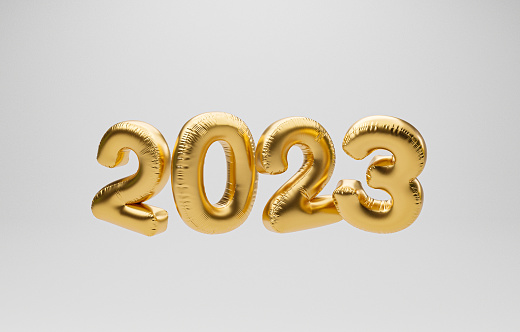 2023 golden balloon on white background for for preparation happy new year , merry Christmas and start new business concept by realistic 3d render.