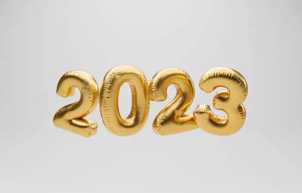 2023 golden balloon on white background for for preparation happy new year , merry Christmas and start new business concept by realistic 3d render.