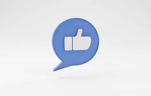 White hand thumb up icon inside blue text message bubble for web and application mobile app by realistic 3d render.