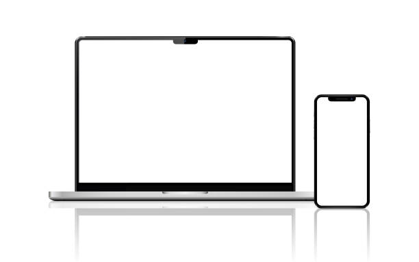 ilustraciones, imágenes clip art, dibujos animados e iconos de stock de portátil de pantalla en blanco con smartphone - laptop