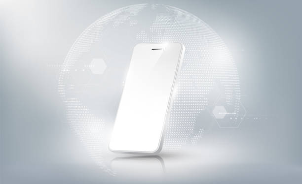 Realistic white smartphone mockup with futuristic technology hologram earth and global network or communication world concept, mobile phone abstract background, vector illustration Realistic white smartphone mockup with futuristic technology hologram earth and global network or communication world concept, mobile phone abstract background, vector illustration eps10 iphone hand stock illustrations