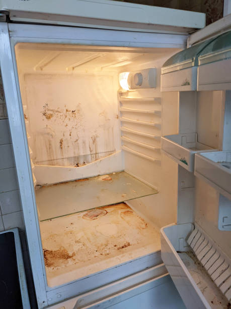 Filthy Drity and Greasy Old Fridge Ready to be Cleaned stock photo