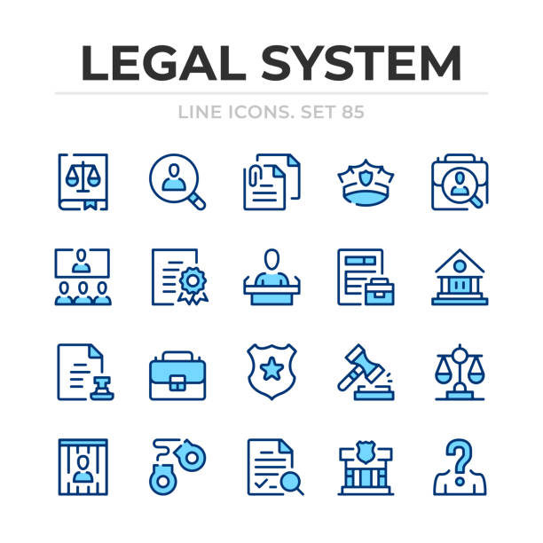 bildbanksillustrationer, clip art samt tecknat material och ikoner med legal system vector line icons set. thin line design. modern outline graphic elements, simple stroke symbols. legal system icons - polisstation