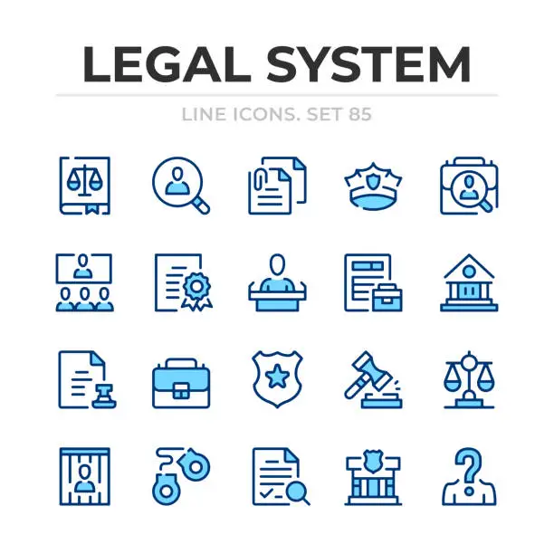 Vector illustration of Legal system vector line icons set. Thin line design. Modern outline graphic elements, simple stroke symbols. Legal system icons