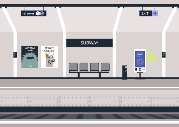 pusty peron metra z ławką i plakatami reklamowymi na ścianie - nobody subway station subway train underground stock illustrations