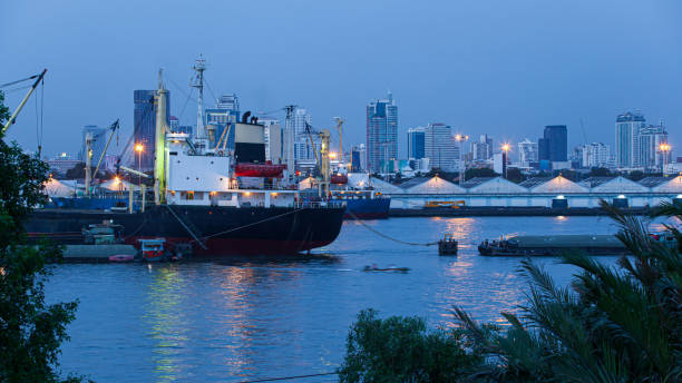 linienschiffe und frachtschiffe legen in der nähe des hafens von bangkok an. - khlong toei stock-fotos und bilder