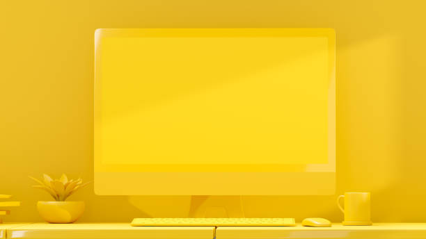 istock Yellow computer monitor empty display is placed on the desk. Minimal idea concept. 1396285139