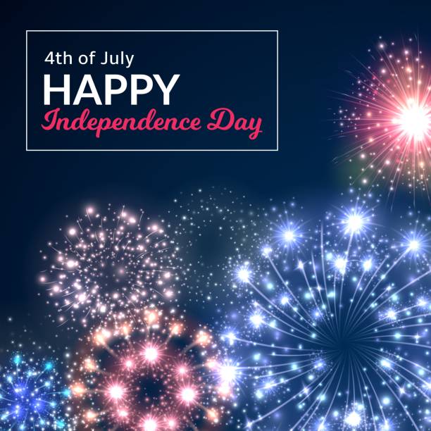 Fireworks Independence Day. 4th July American holiday. Festive colorful pyrotechnic explosions. Celebration poster. Sparkling particles in sky. Salute light flashes. Vector concept Fireworks Independence Day. 4th July American traditional holiday. Festive colorful pyrotechnic glowing explosions. Celebration poster. Sparkling particles in sky. Salute light flashes. Vector concept 4th of july fireworks stock illustrations