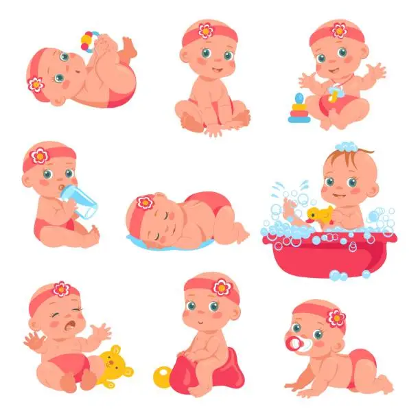 Vector illustration of Newborn baby girl. Happy kid in pink headband and diaper. Daily toddler care. Little child in bathroom. Infancy age. Different emotions. Daughter playing or sleeping. Vector infants set
