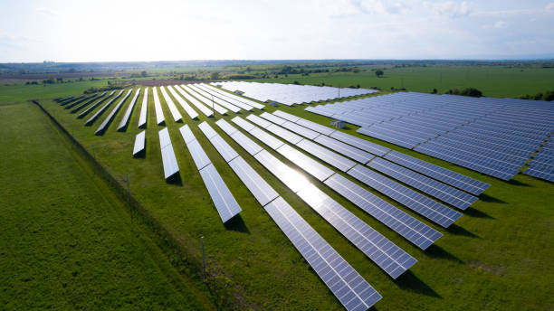 istock Rows of solar panels at sunset 1396285435