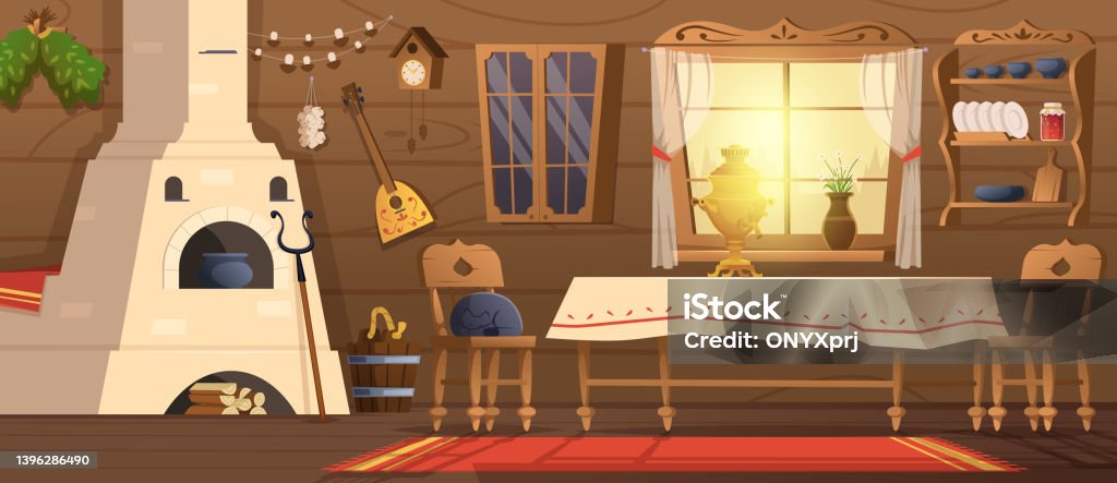 Russian House Old Slavonian Room Interior With Vintage Authentic  Traditional Furniture Exact Vector Cartoon Background Stock Illustration -  Download Image Now - iStock
