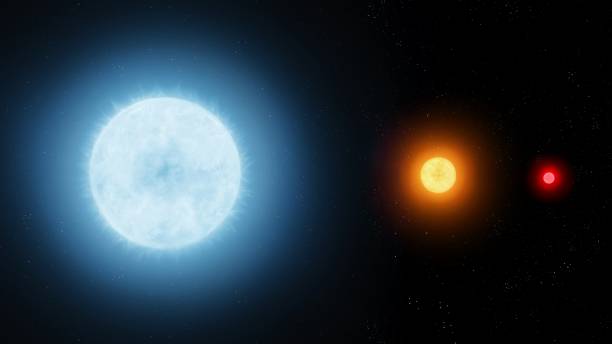 Giant blue star, sun-like star and a red dwarf. stock photo