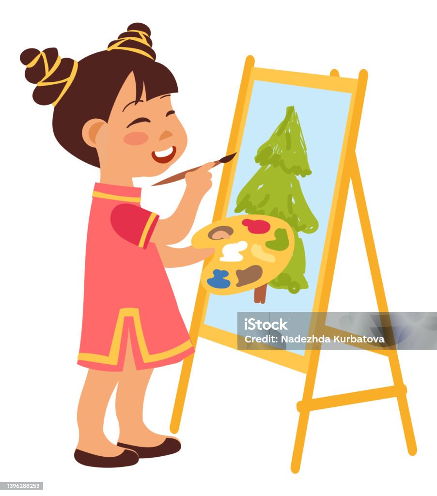Uma criança está pintando em um quadro de tela
