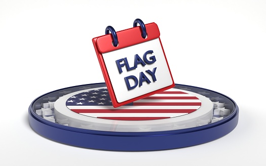 Flag Day calendar with American Flag on round stand against white background. 3D horizontal composition with copy space. Flag Day concept. Easy to crop for all your social media and print size.