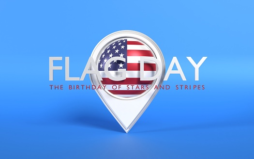 Flag Day title on American flag in a white map pointer on blue background. Flag Day geo location concepts. 3D horizontal composition with copy space. Easy to crop for all your social media and print sizes.