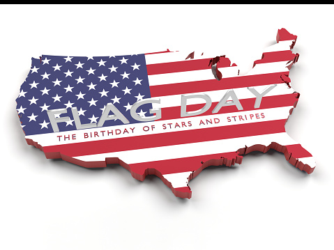 Flag Day title on USA country map on white background. Horizontal composition with copy space. 4th of July concept. Easy to crop for all your social media and print sizes.