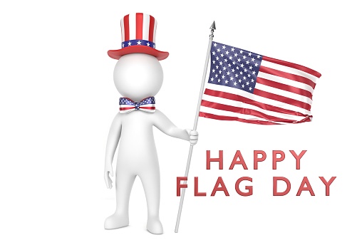 Man wears fedora with American flag on it while holding an American Flag against white for Flag Day. Horizontal composition with copy space. Easy to crop for all your social media and print sizes.