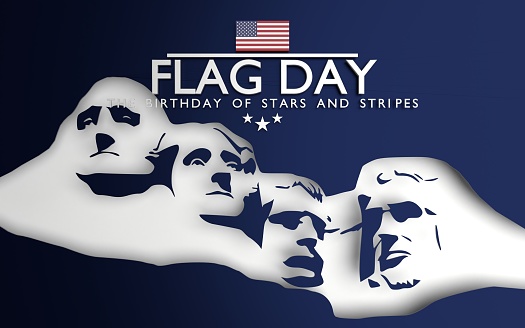 President's Day Mt Rushmore Statue Flag Day concept and American flag on blue background. Horizontal composition with copy space. Easy to crop for all your social media and print sizes.