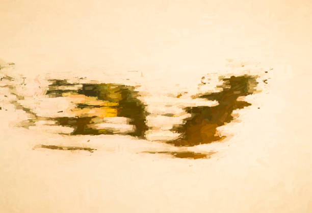 Reflection of a Canada Goose chasing another goose on a lake in Gosforth Nature Reserve, Gosforth, Newcastle-upon-Tyne, Tyne and Wear, England. The image has been post processed to give a surreal painterly effect for use as a background.