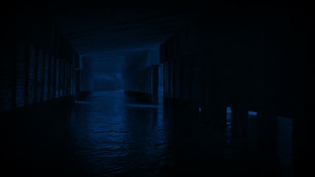 Moving Under Bridge With Water Flowing At Night